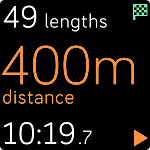 Exercise app screen showing swim tracking in progress with the current amount of laps, distance, and time